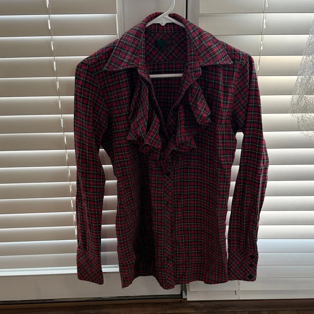 Plaid Ruffle Button Down Shirt - Picture 1 of 3